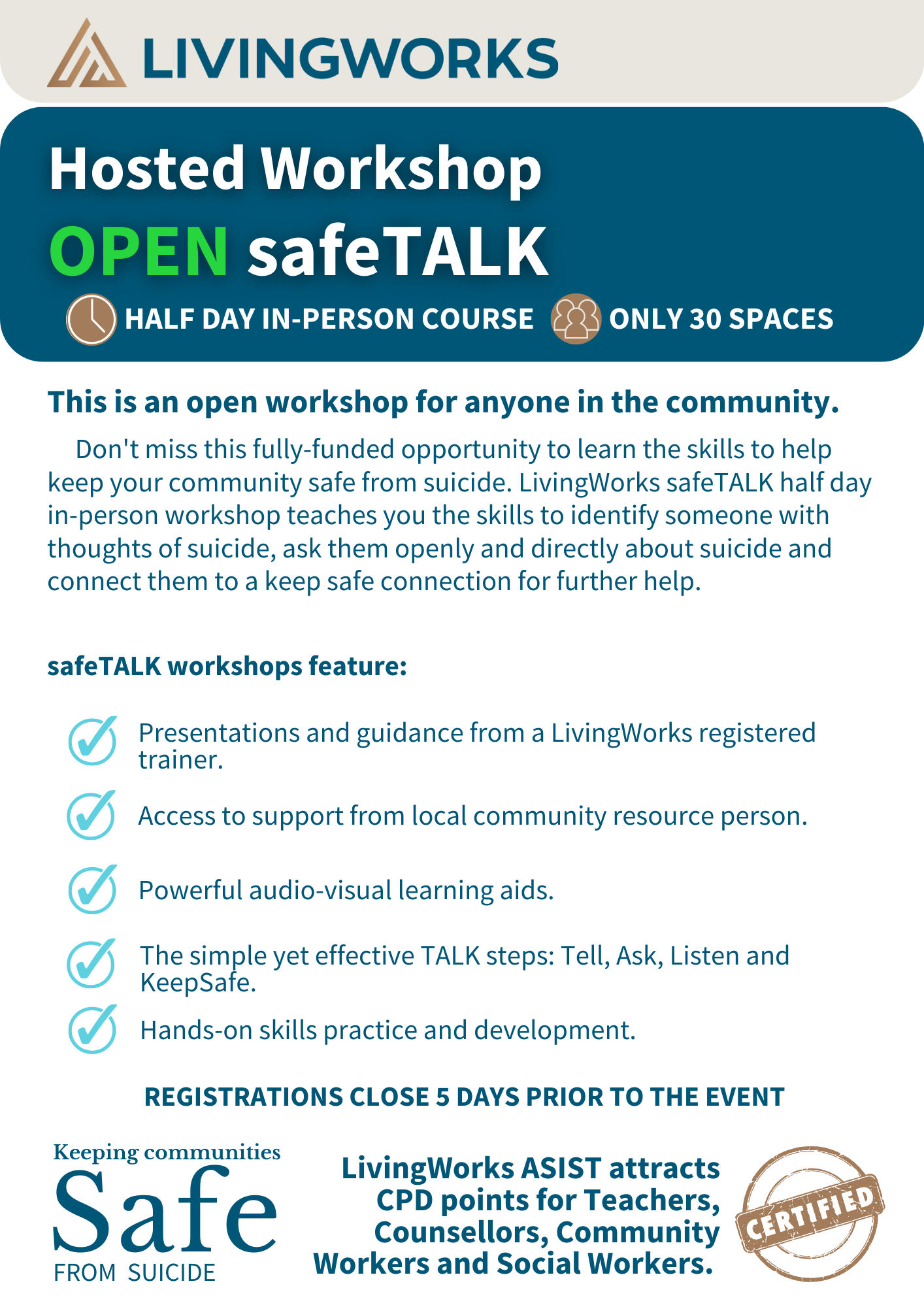 LivingWorks safeTALK 8 Nov 22, Eastern Hub, Geelong Tickets, Eastern