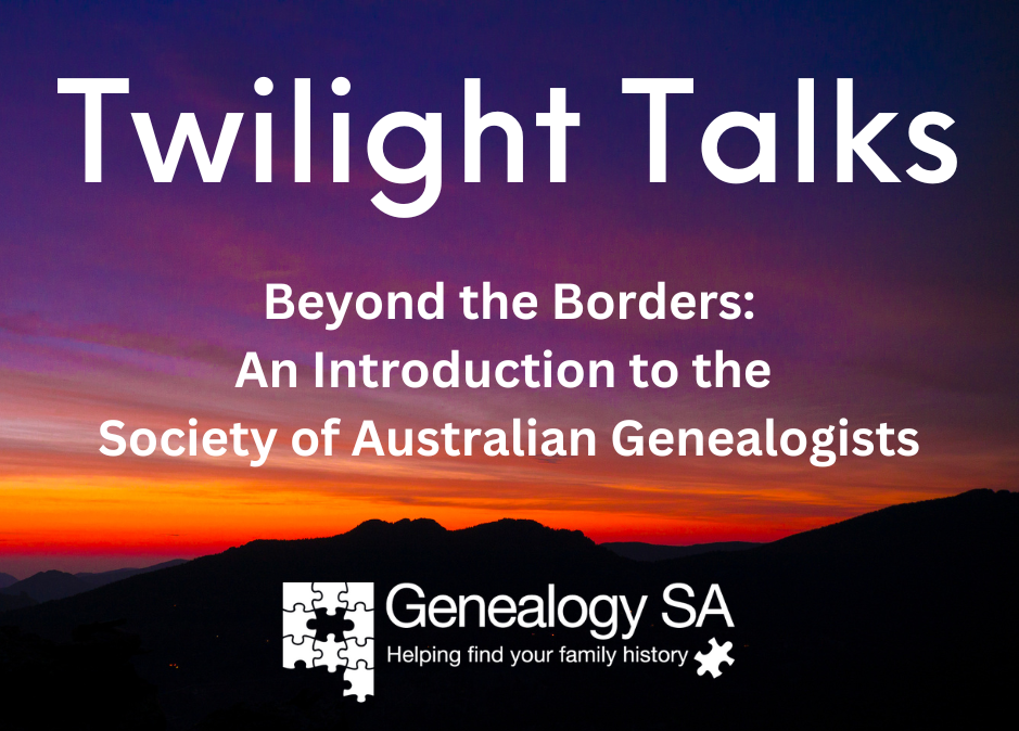 A sunset landscape with text: An introduction to the Society of Australian Genealogists