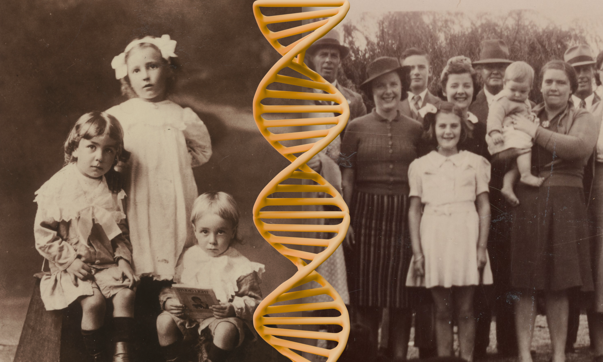 Images of the Moule Family, four decades apart, with a strand of DNA between them