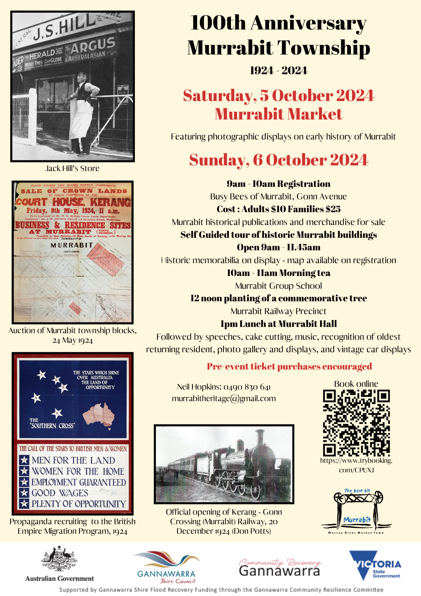 Event flyer with photos and event times to celebrate Murrabit Township 100th Anniversary