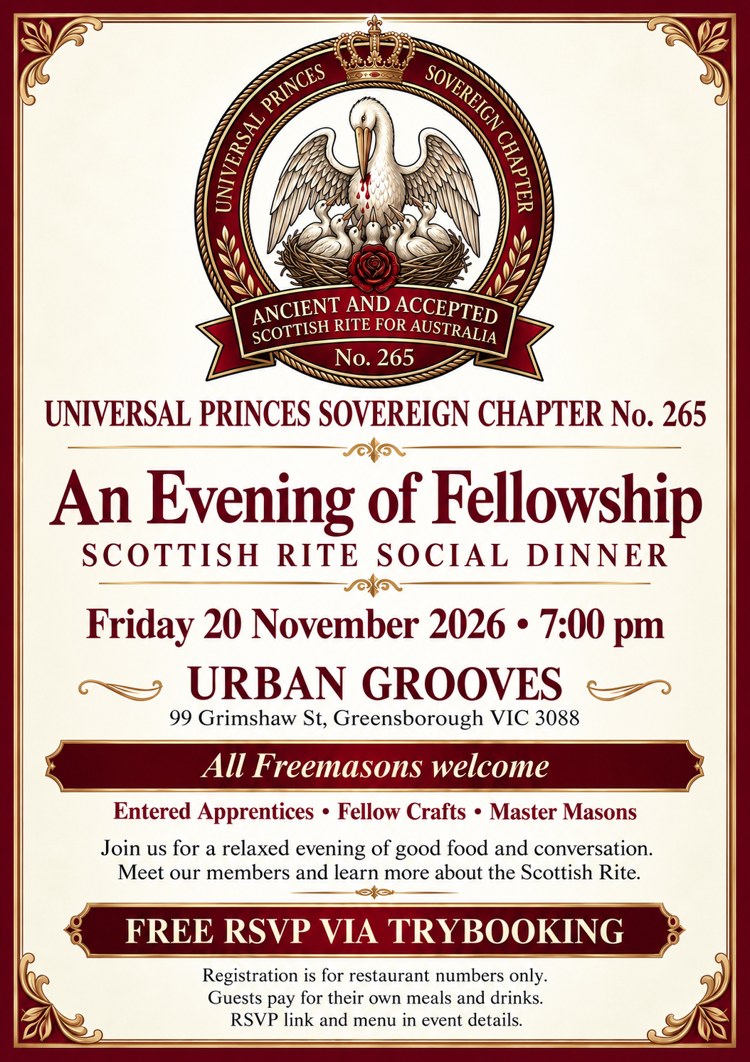 An Evening of Fellowship — Scottish Rite Social Dinner, Friday 20 November 2026 at 7 pm, Urban Grooves, Greensborough.