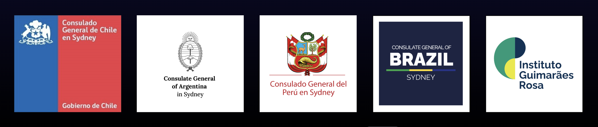 logos of the Consulate Generals of Chile, Argentina, Perú and Brazil in Sydney; and of the Rosa Guimarães Institute