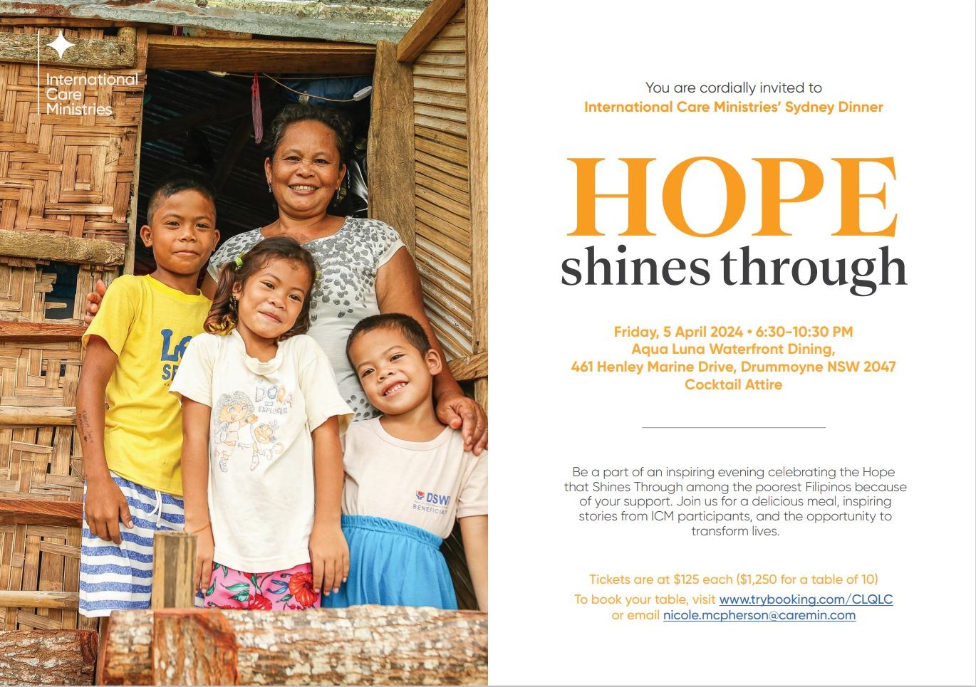 International Care Ministries 2024 Sydney Dinner Tickets Aqua