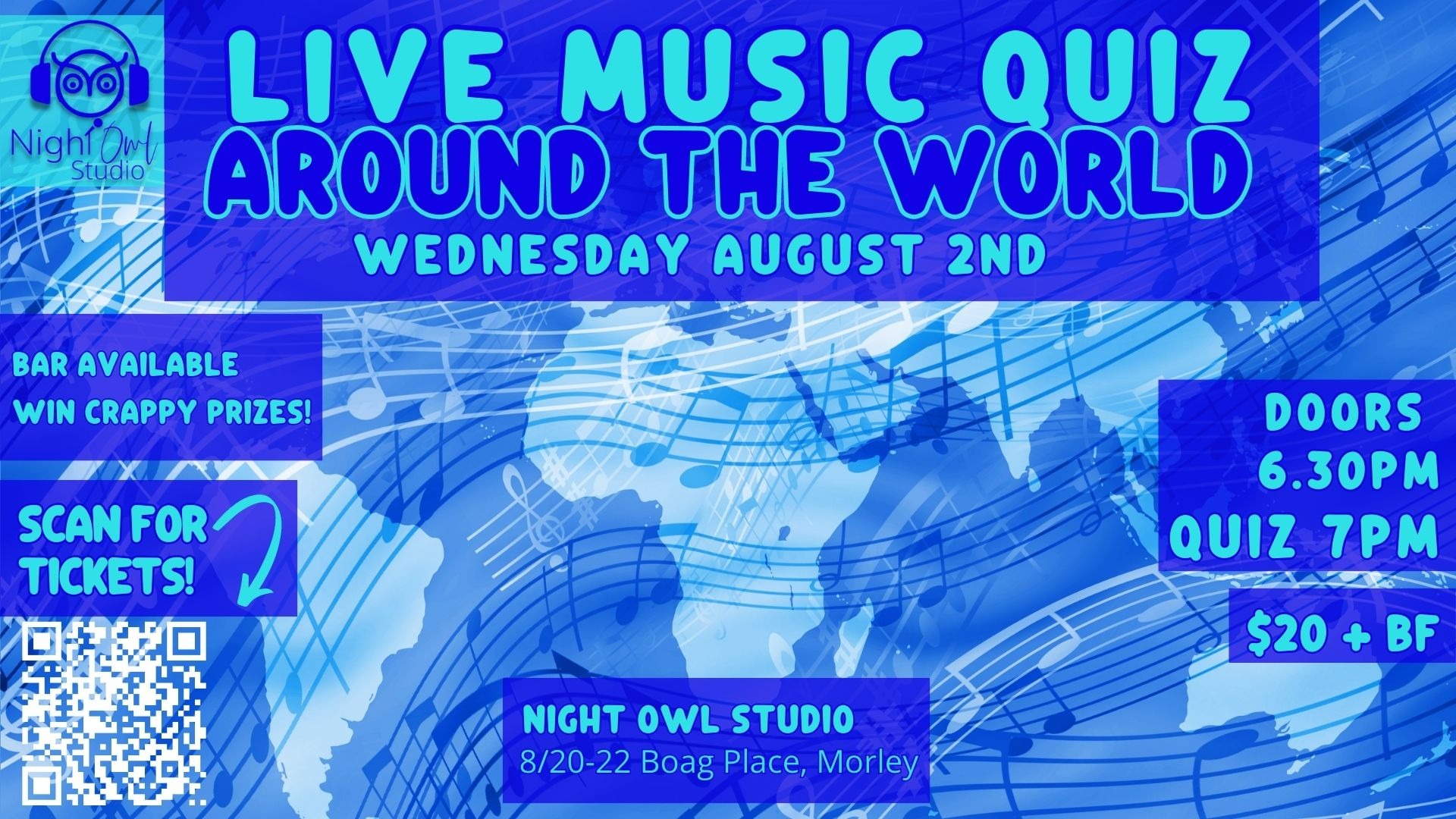 Live music Quiz Around the World Tickets, Night Owl Studio, MORLEY