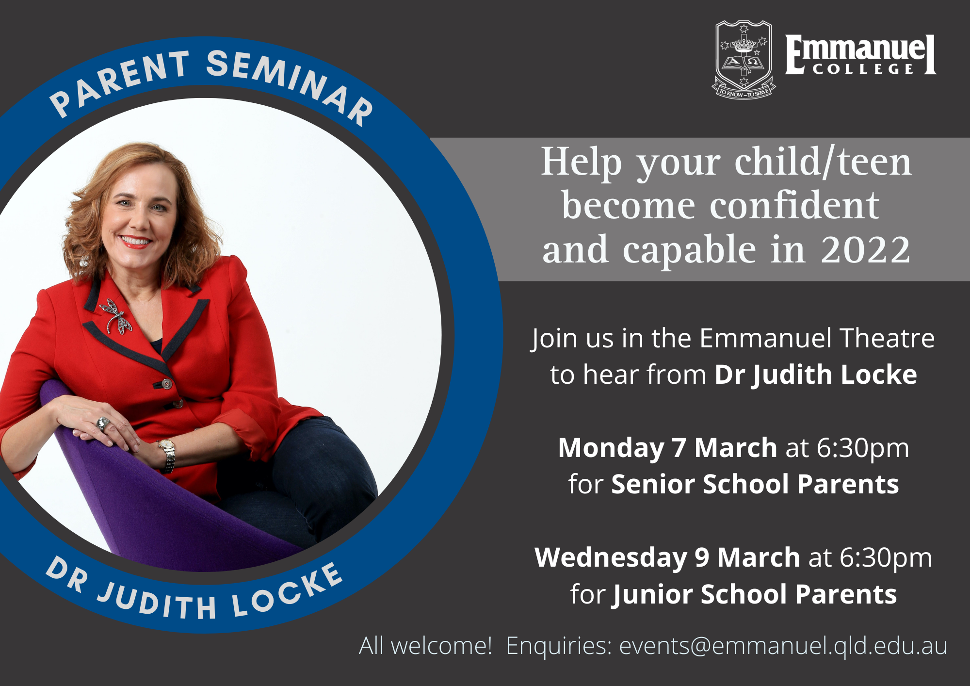 Parent Seminar with Dr Judith Locke Tickets, Emmanuel Theatre ...