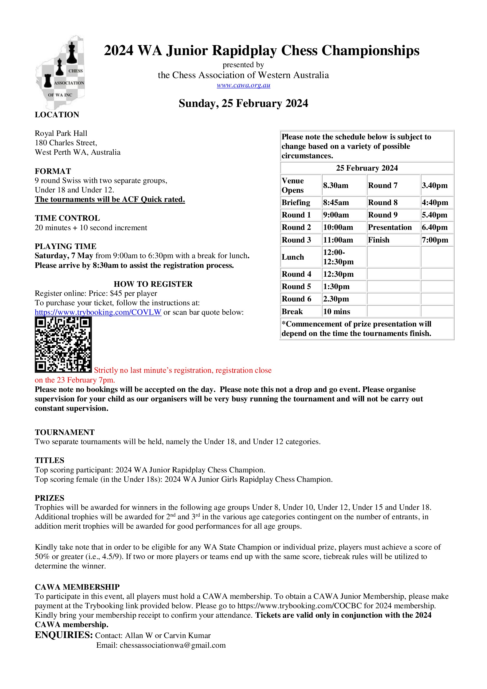 2024 WA JUNIOR RAPIDPLAY CHESS CHAMPIONSHIPS Tickets, Royal Park Hall