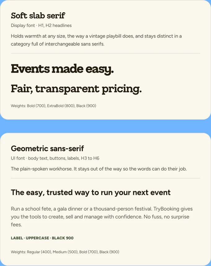 The two TryBooking fonts: a soft slab serif for headings, and a geometric sans-serif for body text, buttons and labels