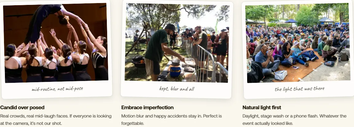 Three event photos showing the rules in practice: dancers lifting a performer mid-routine, a campfire cooking demonstration with motion blur left in, and a festival crowd sitting in natural daylight