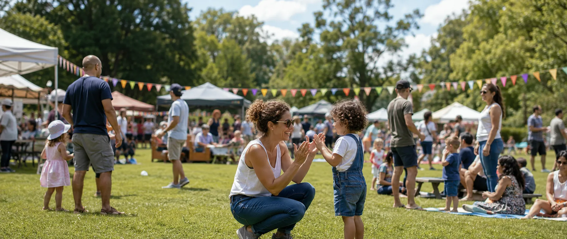 Families enjoying a sunny outdoor community festival with bunting and marquees on a green