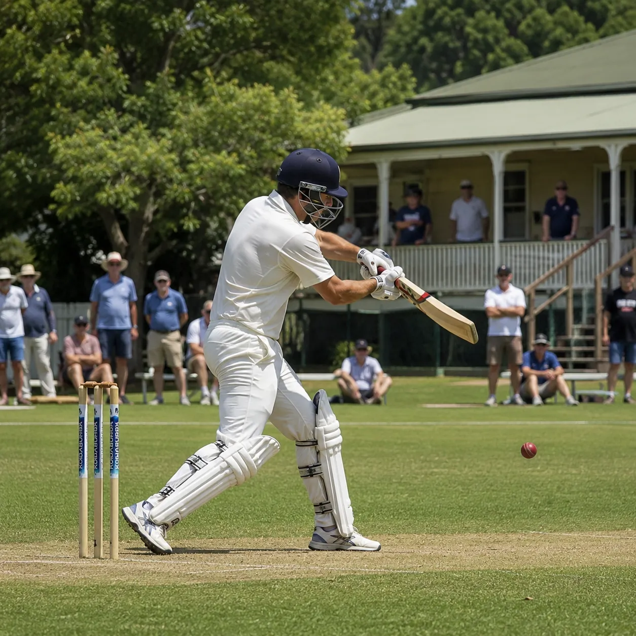 A cricket match in play at a community club ground
