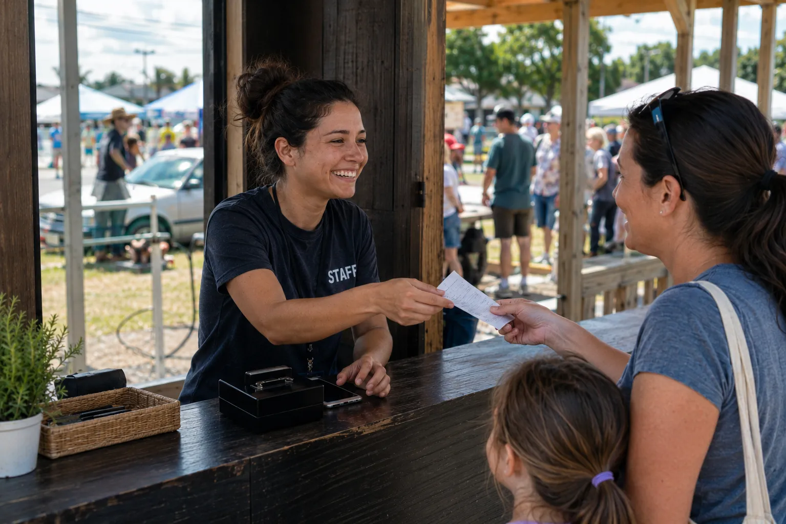Staff handing a ticket to a visitor at an outdoor event desk