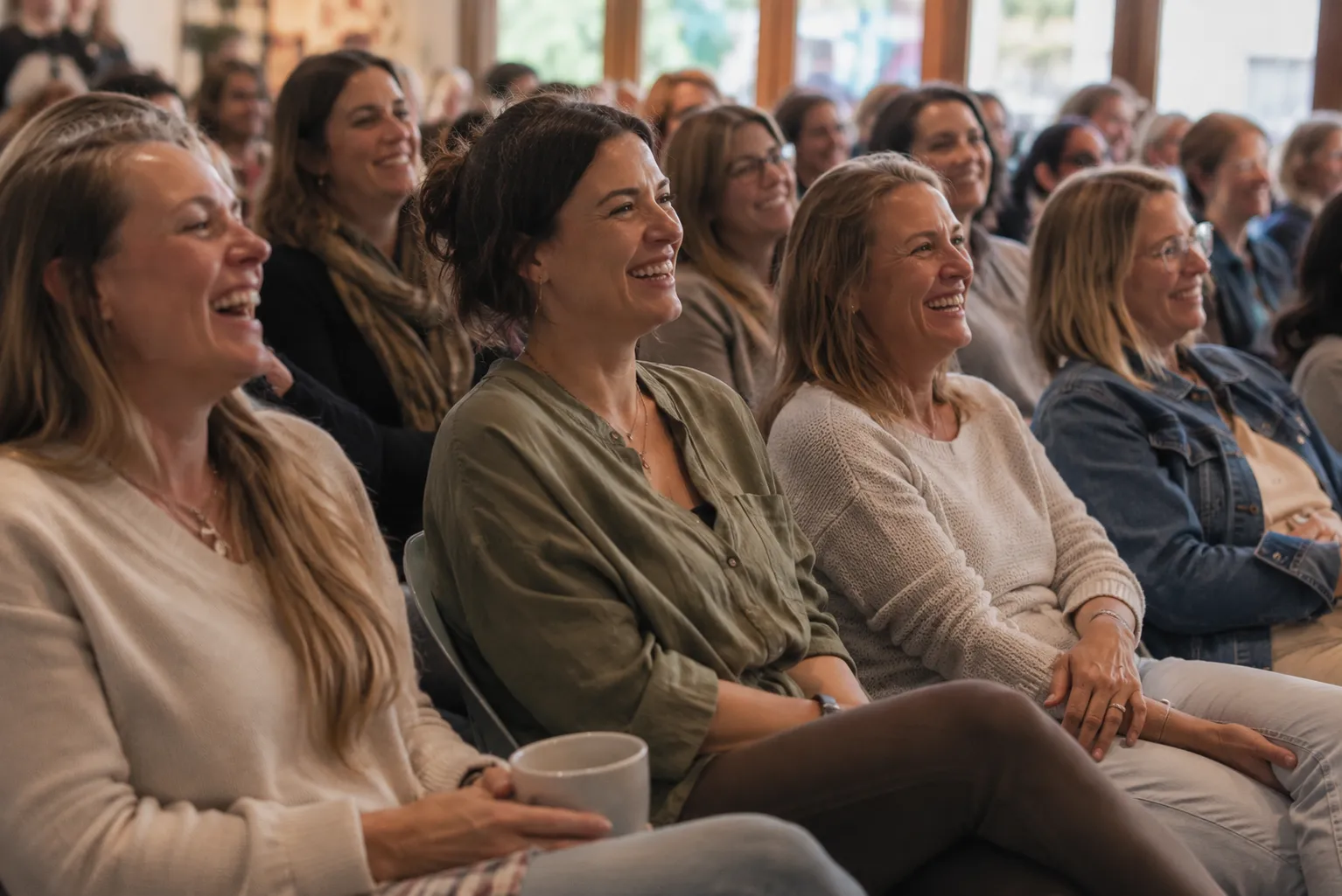 Participants laughing together at a wellness event