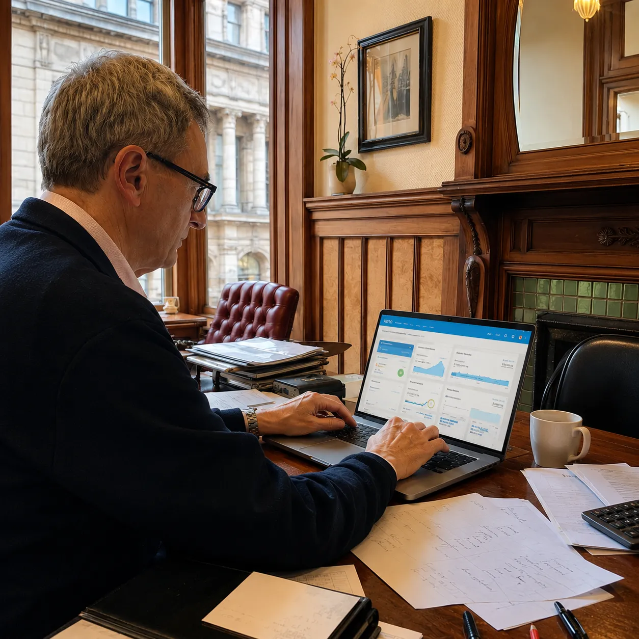Reviewing the Xero accounting dashboard on a laptop