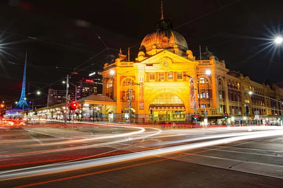 Flinders Street Station clock tower and entrance in the heart of the city