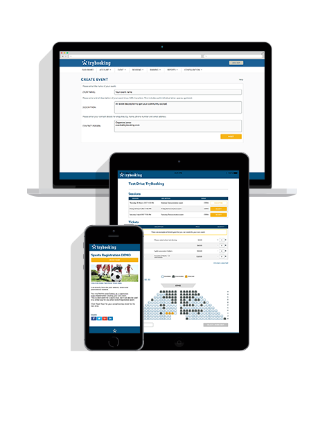 TryBooking booking page screen shots including branded homepage, seating plan and form