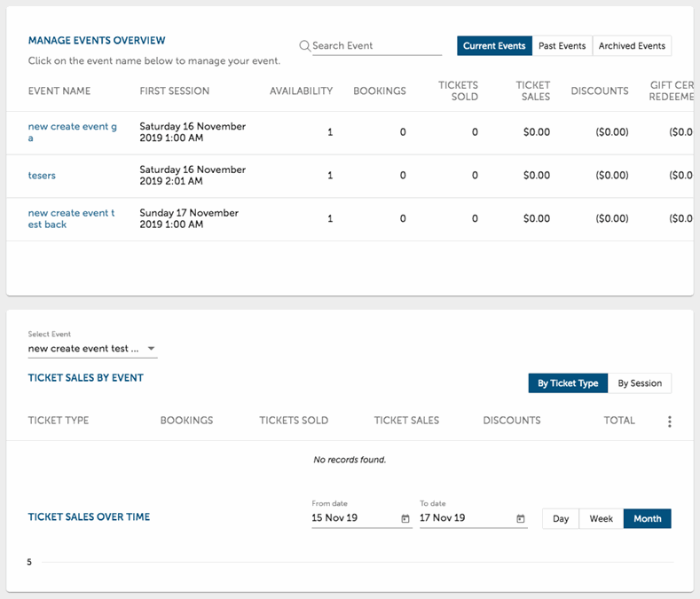 Event Dashboard management page