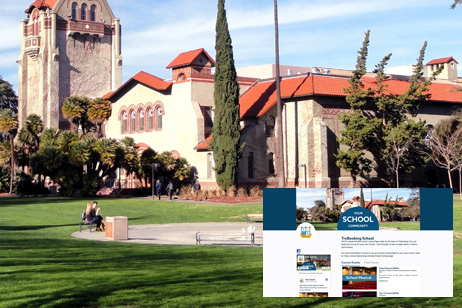 An image of a school with a screenshot image of its listing page at the bottom right