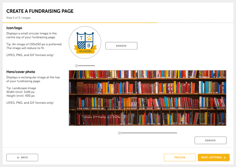 Create fundraising page step 2