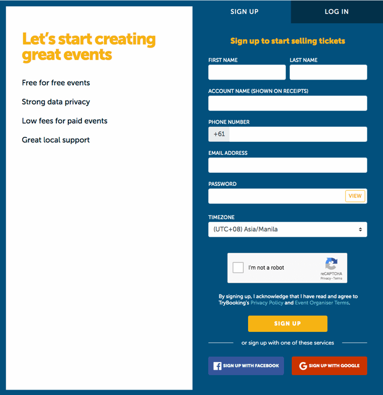 TryBooking's signup form