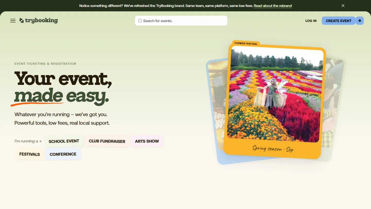 The TryBooking homepage in the new brand, showing the new logo, the warm paper and green colours, and a photo of a flower festival styled like a polaroid