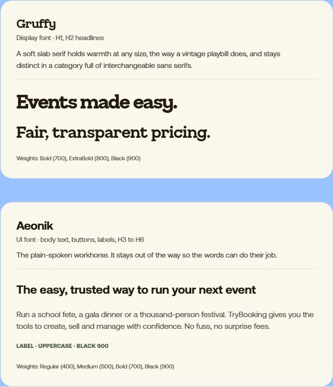 The two TryBooking fonts: Gruffy, used for headings, and Aeonik, used for body text, buttons and labels
