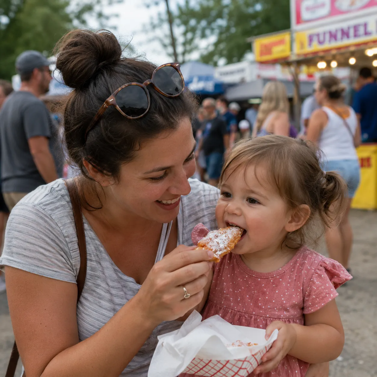 Families enjoying food at a free community event