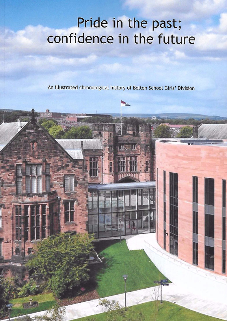 Cover of 'Pride in the Past; Confidence in the Future': below the title is a photograph of the school showing the iconic sandstone buildings of the Riley Centre, turrets and clocktower, and part of the back of the Girls' Division, as well as some grass