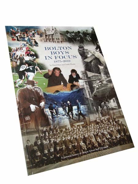 The cover of Bolton Boys in Focus: a collage of many images showing school-age boys participating in varied activities, such as sport, lessons and class and whole school photos