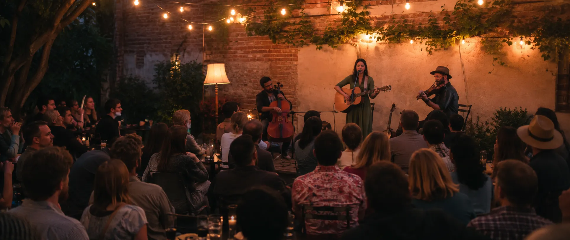A trio performing live under festoon lights to a candle-lit seated audience at dusk