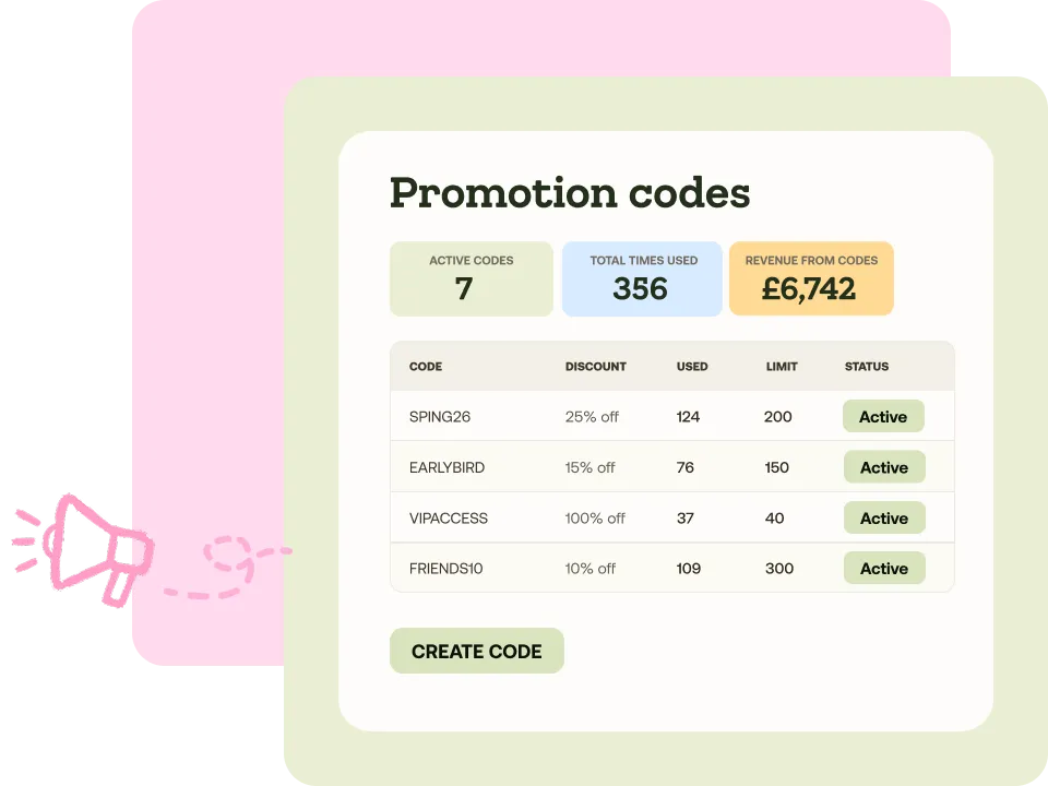 Setting up promotion codes for an event